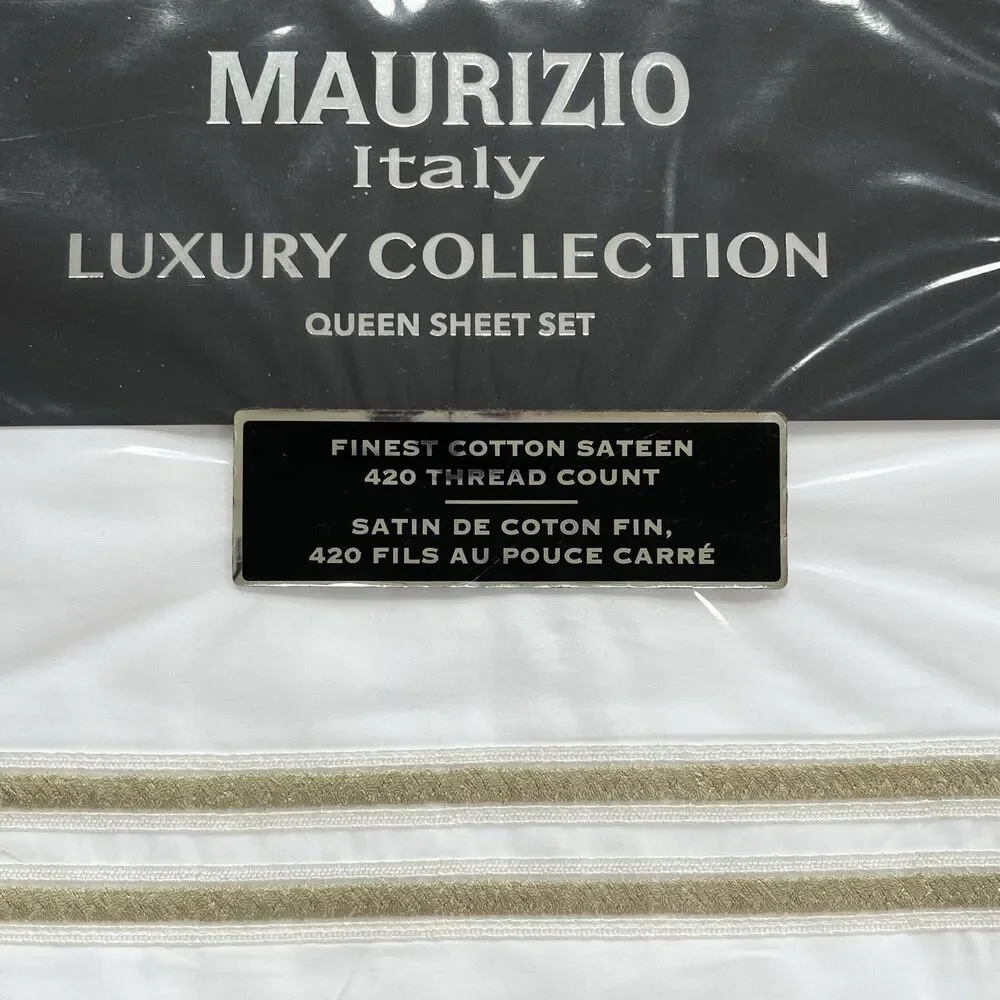 New Maurizio Italy Queen Sheet Set 4PC White Cotton Sateen 420 TC Luxury Bedding